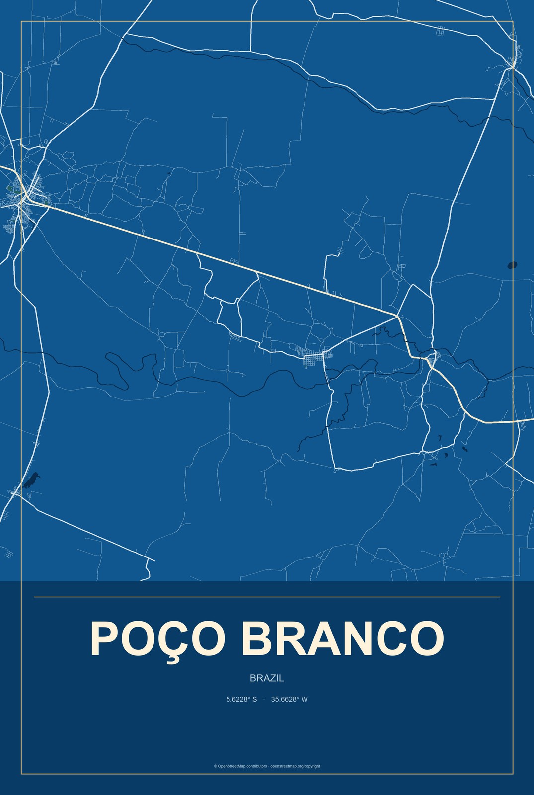 Poço Branco, Brazil City Map Aluminum Sign in Harbor Cobalt style