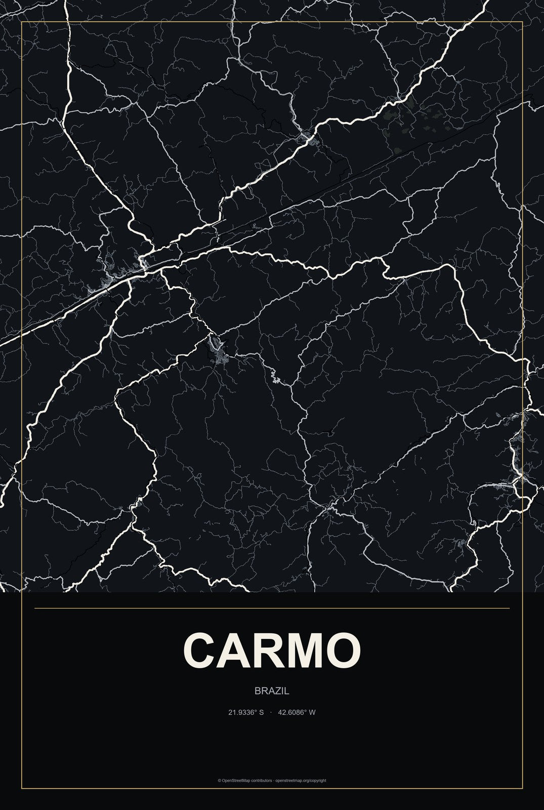 Carmo, Brazil City Map Aluminum Sign in Metropolitan Noir style