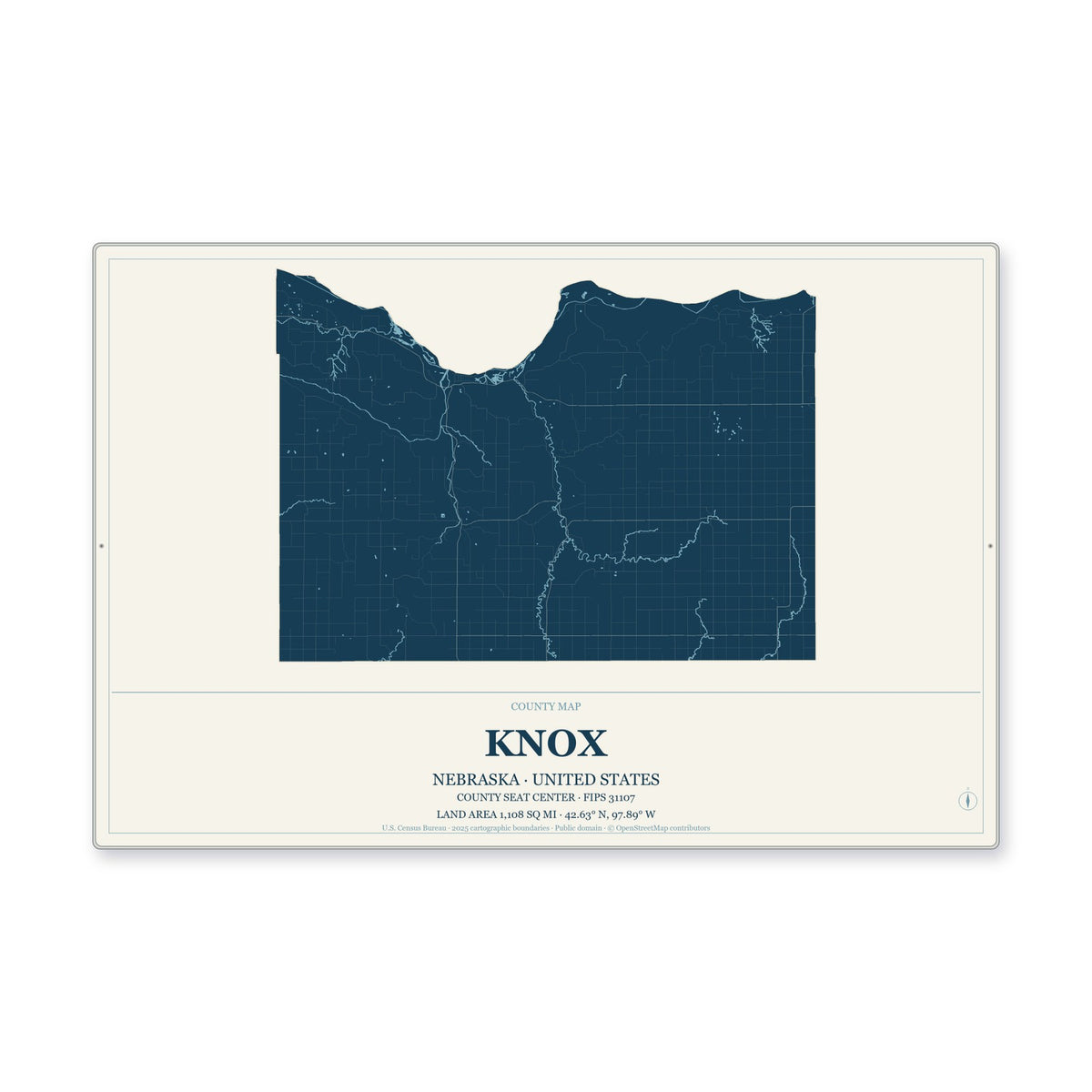 Knox County, Nebraska Map Aluminum Sign in Coastal Cutout style