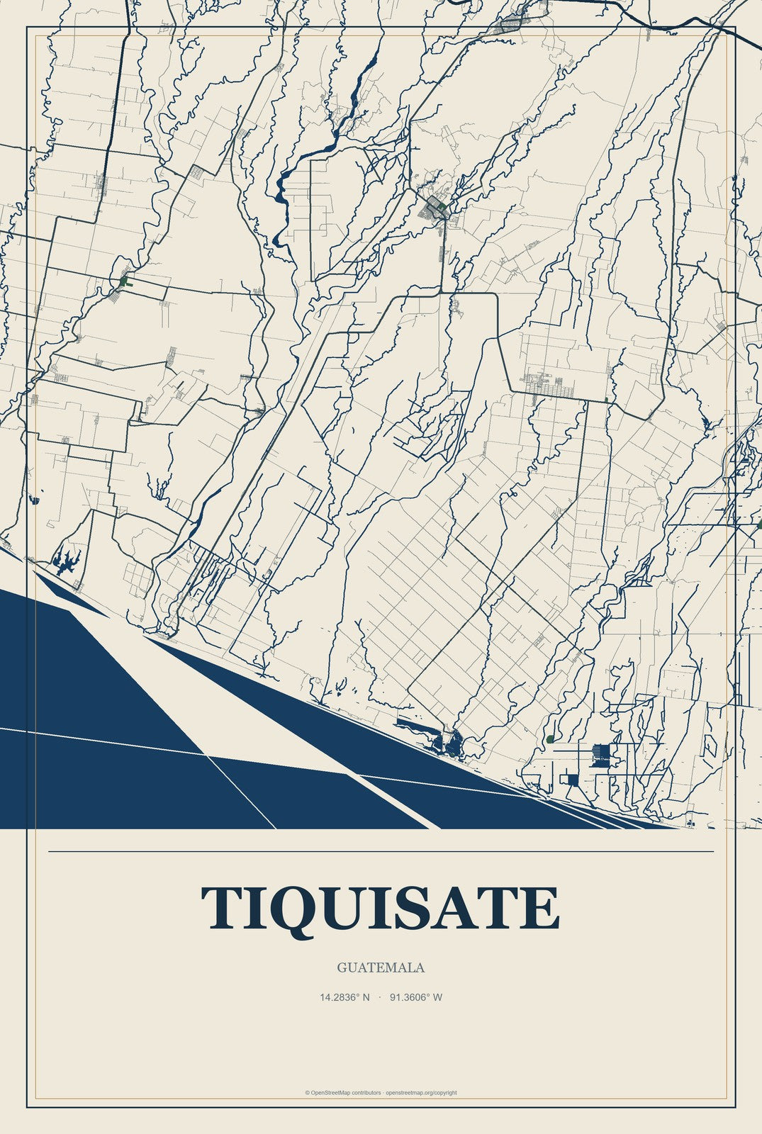 Tiquisate, Guatemala City Map Aluminum Sign in Coastal Cutout style