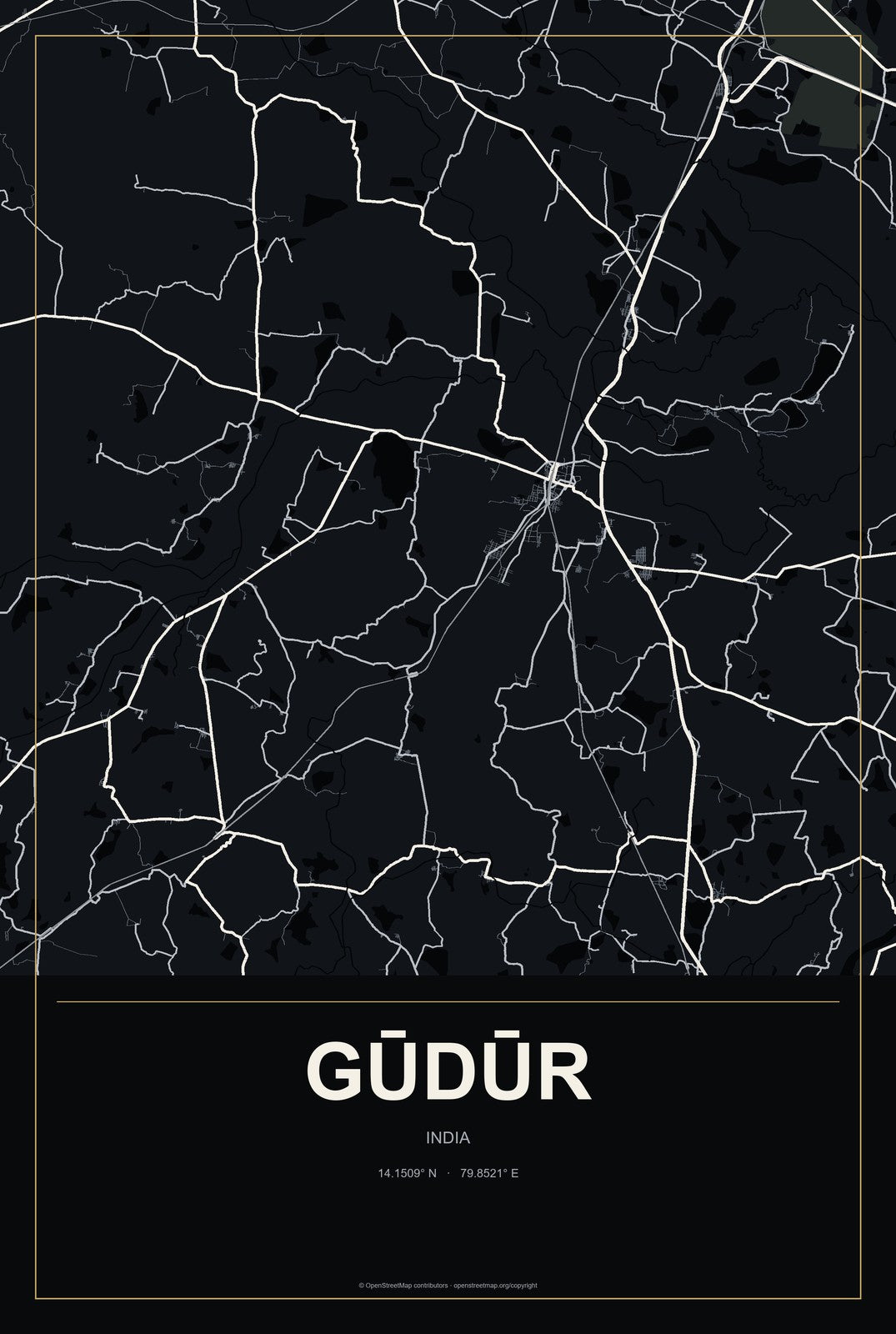 Gūdūr, Andhra Pradesh, India City Map Aluminum Sign in Metropolitan Noir style