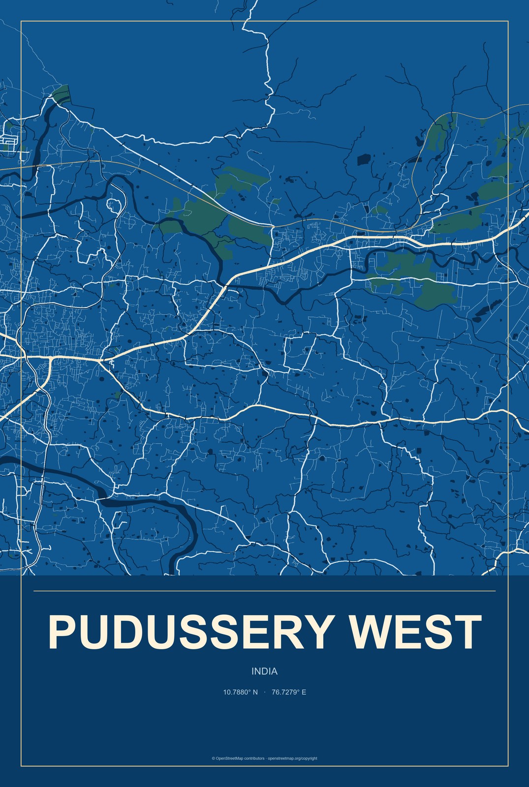 Pudussery West, India City Map Aluminum Sign in Harbor Cobalt style