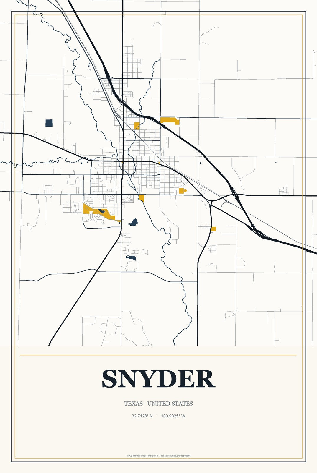 Snyder, Texas City Map Aluminum Sign in Citrine Modern style