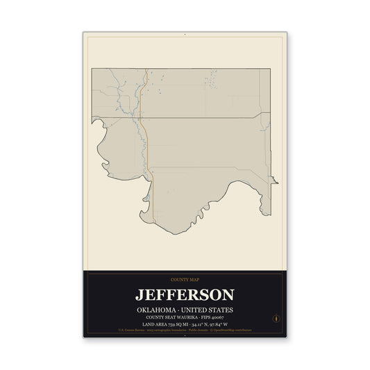 Jefferson County, Oklahoma Map Aluminum Sign in Museum Plaque style