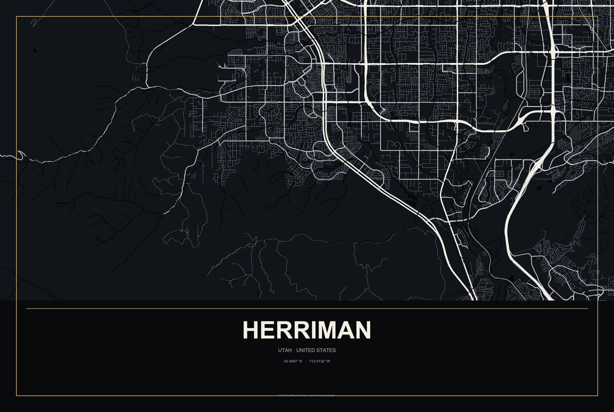 Herriman, Utah City Map Aluminum Sign in Metropolitan Noir style