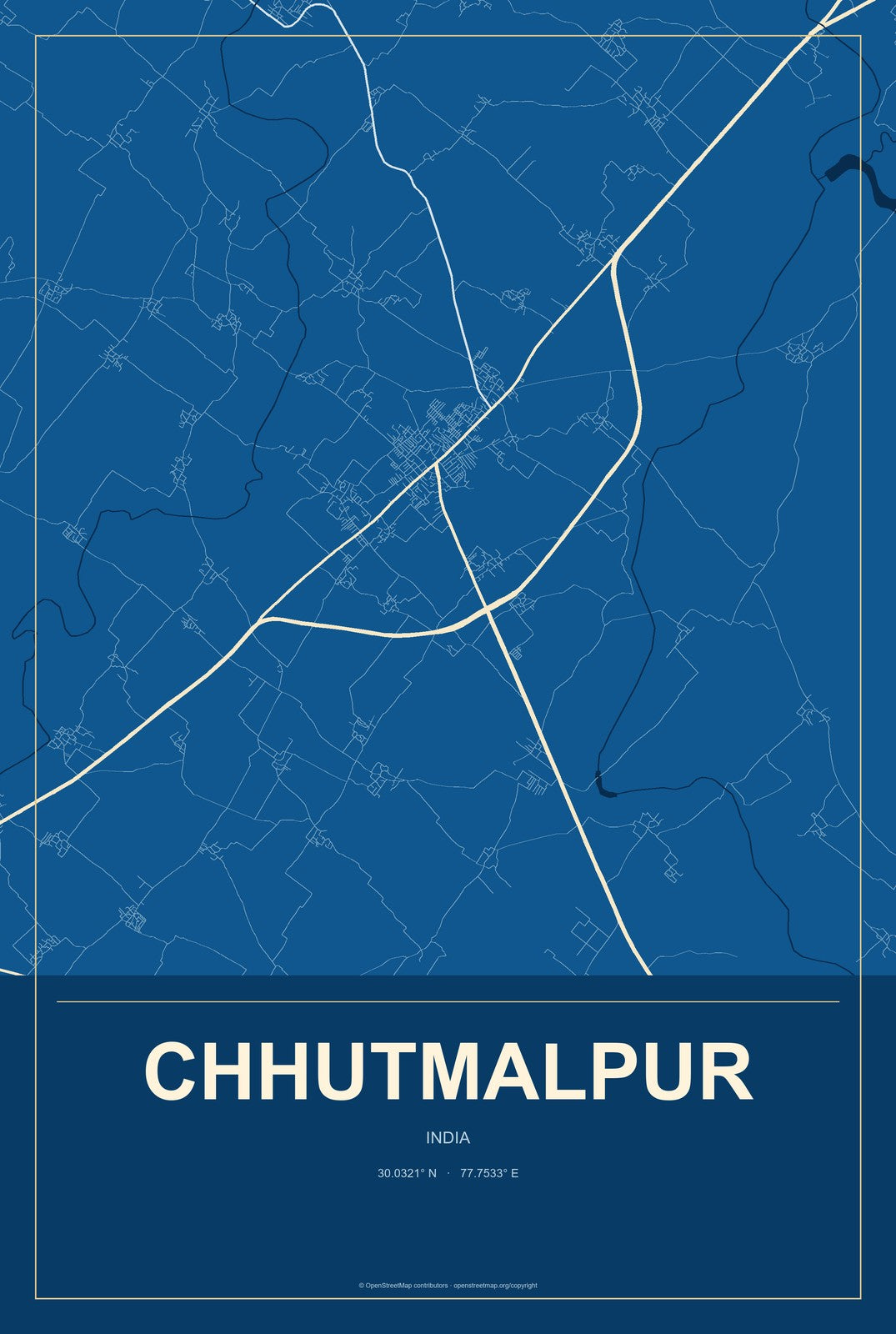 Chhutmalpur, India City Map Aluminum Sign in Harbor Cobalt style