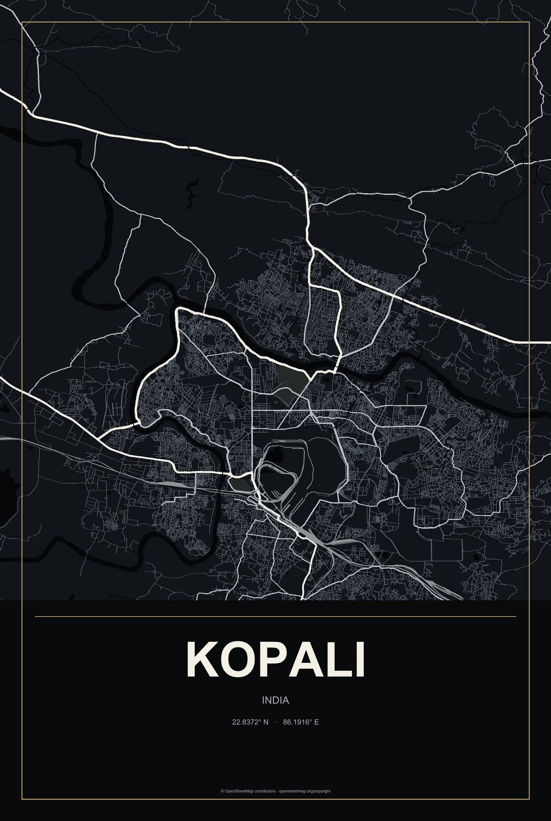 Kopali, India City Map Aluminum Sign in Metropolitan Noir style