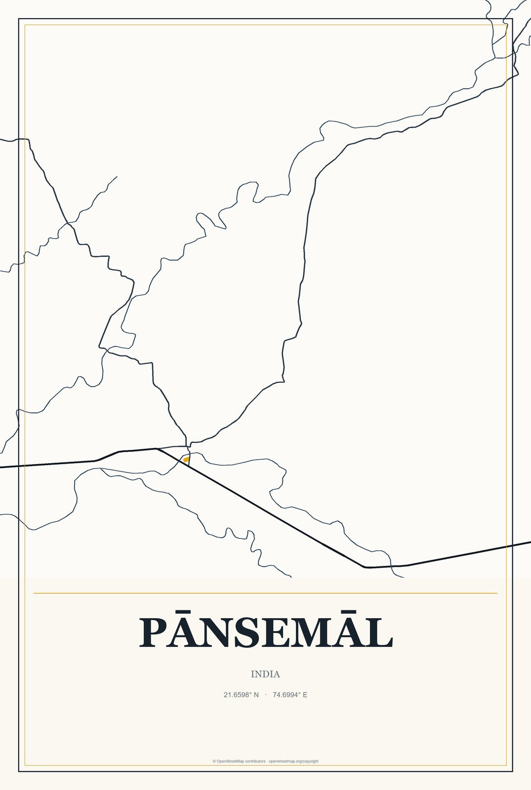 Pānsemāl, India City Map Aluminum Sign in Citrine Modern style