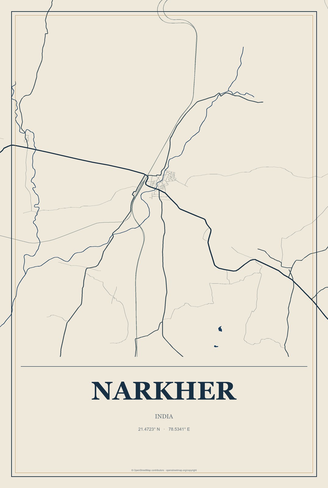 Narkher, India City Map Aluminum Sign in Coastal Cutout style