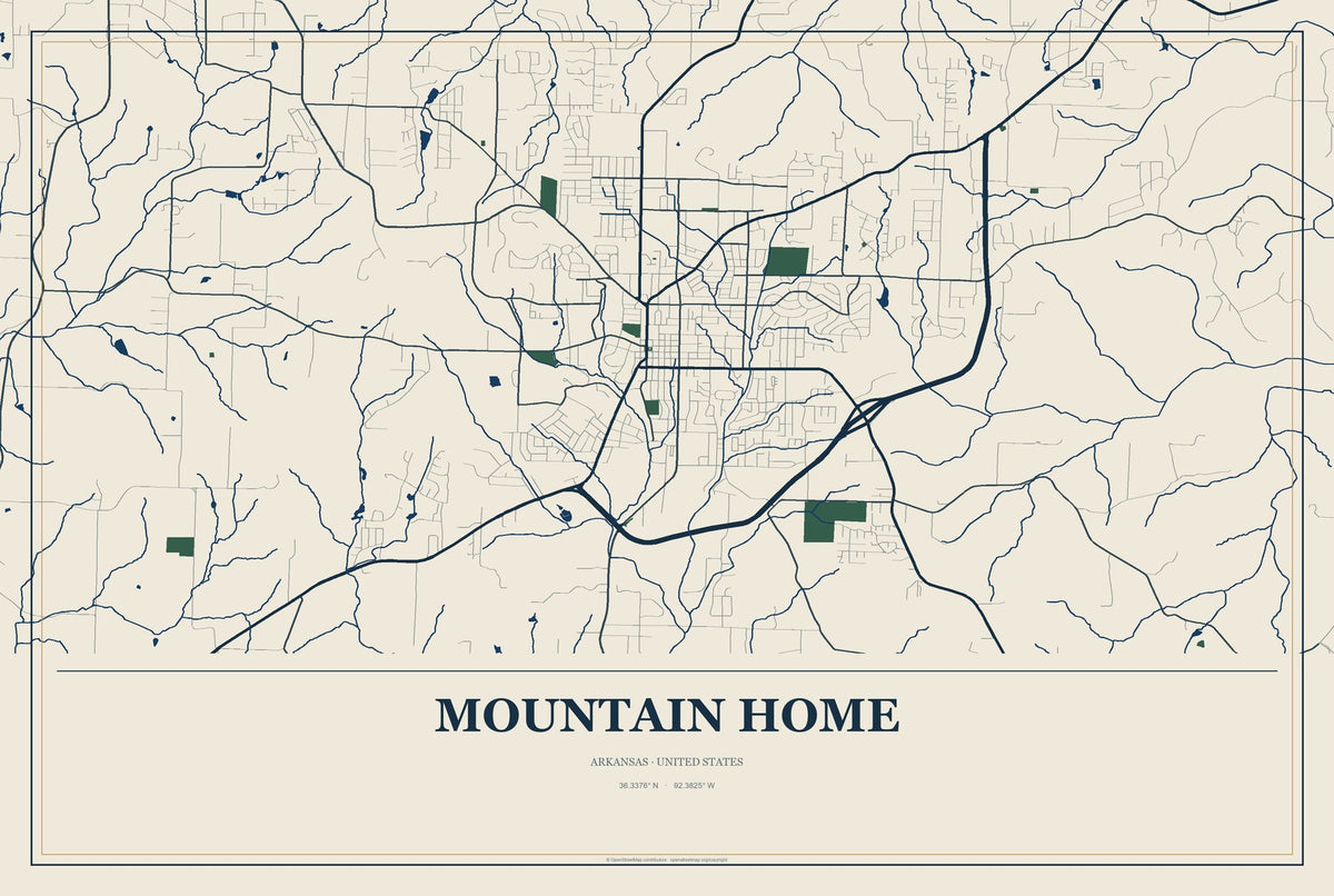 Mountain Home, Arkansas City Map Aluminum Sign in Coastal Cutout style