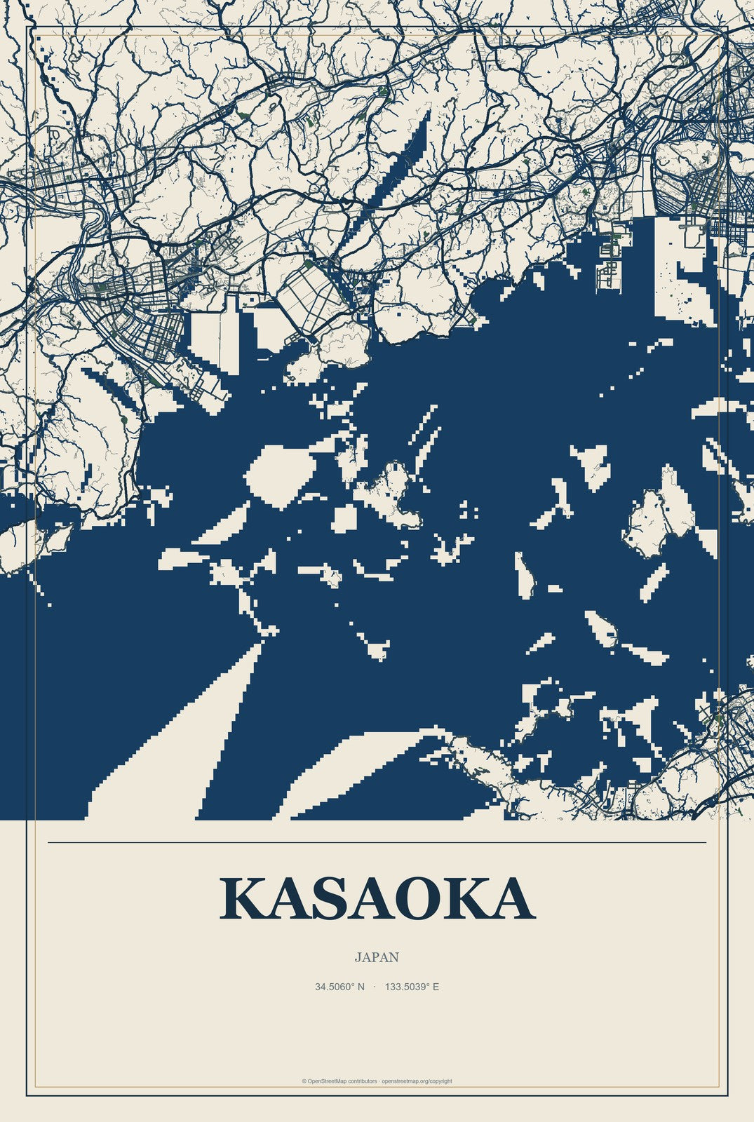 Kasaoka, Japan City Map Aluminum Sign in Coastal Cutout style