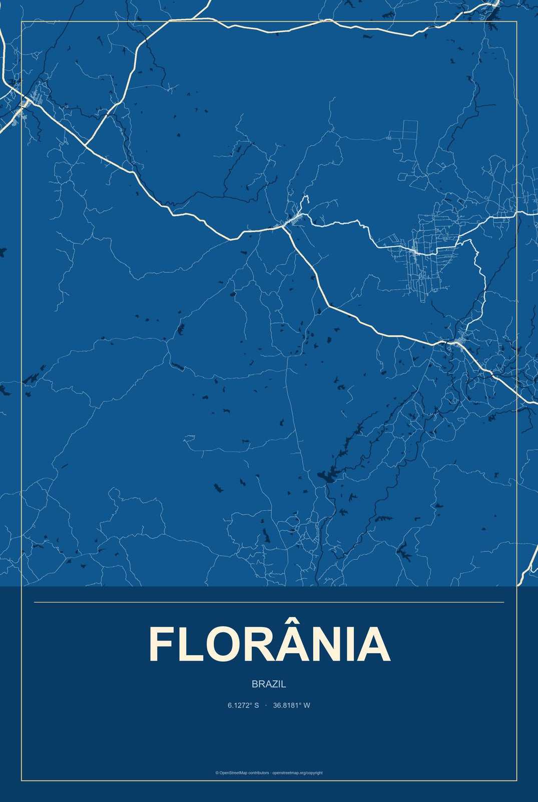 Florânia, Brazil City Map Aluminum Sign in Harbor Cobalt style