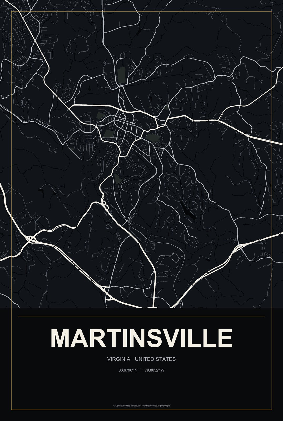 Martinsville, Virginia City Map Aluminum Sign in Metropolitan Noir style