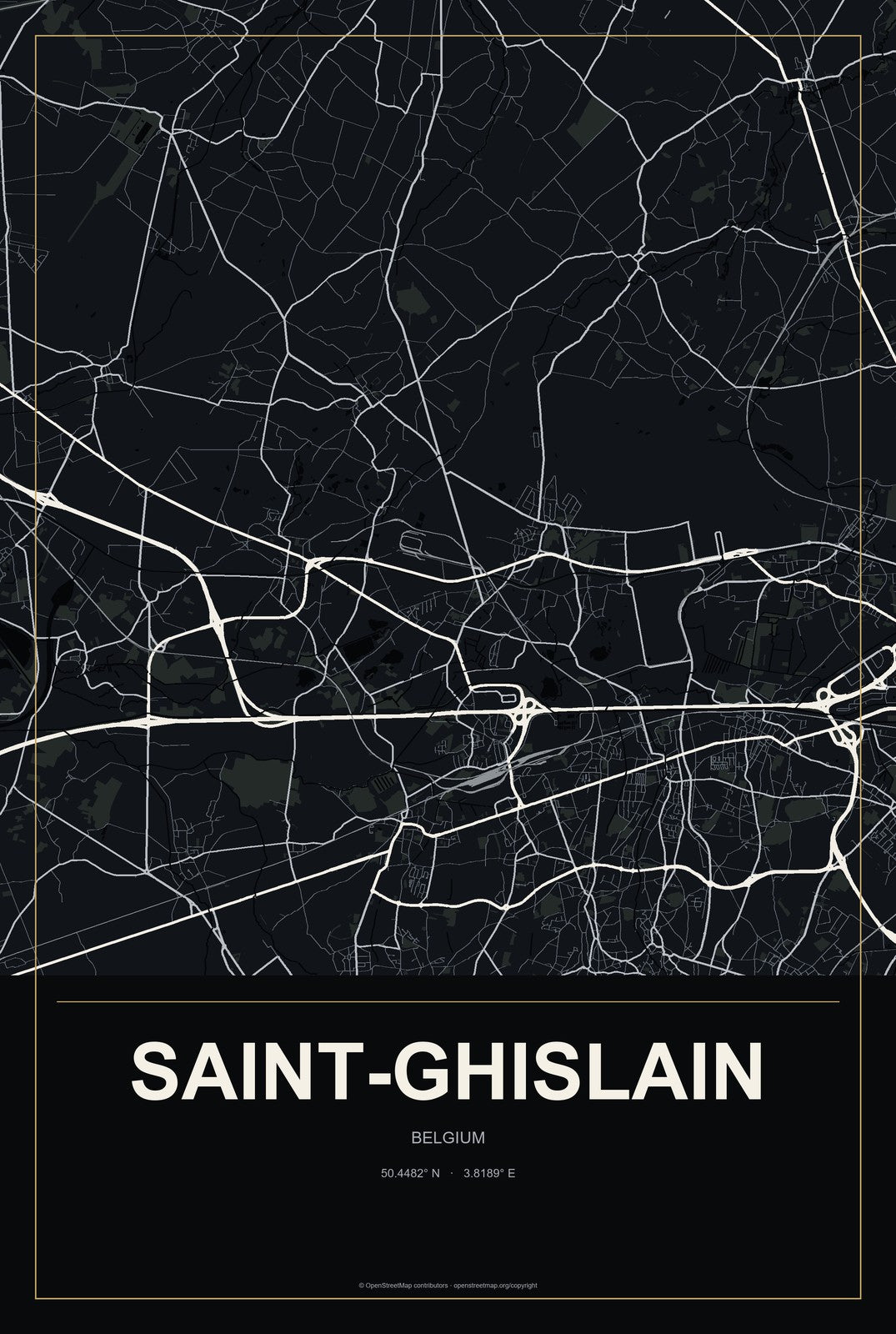 Saint-Ghislain, Belgium City Map Aluminum Sign in Metropolitan Noir style