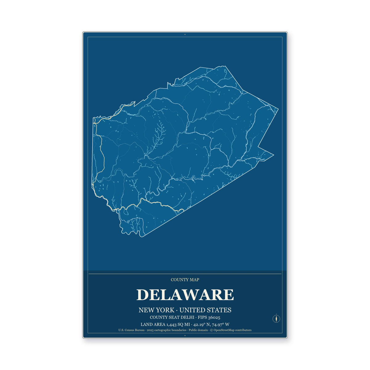 Delaware County, New York Map Aluminum Sign in Harbor Cobalt style