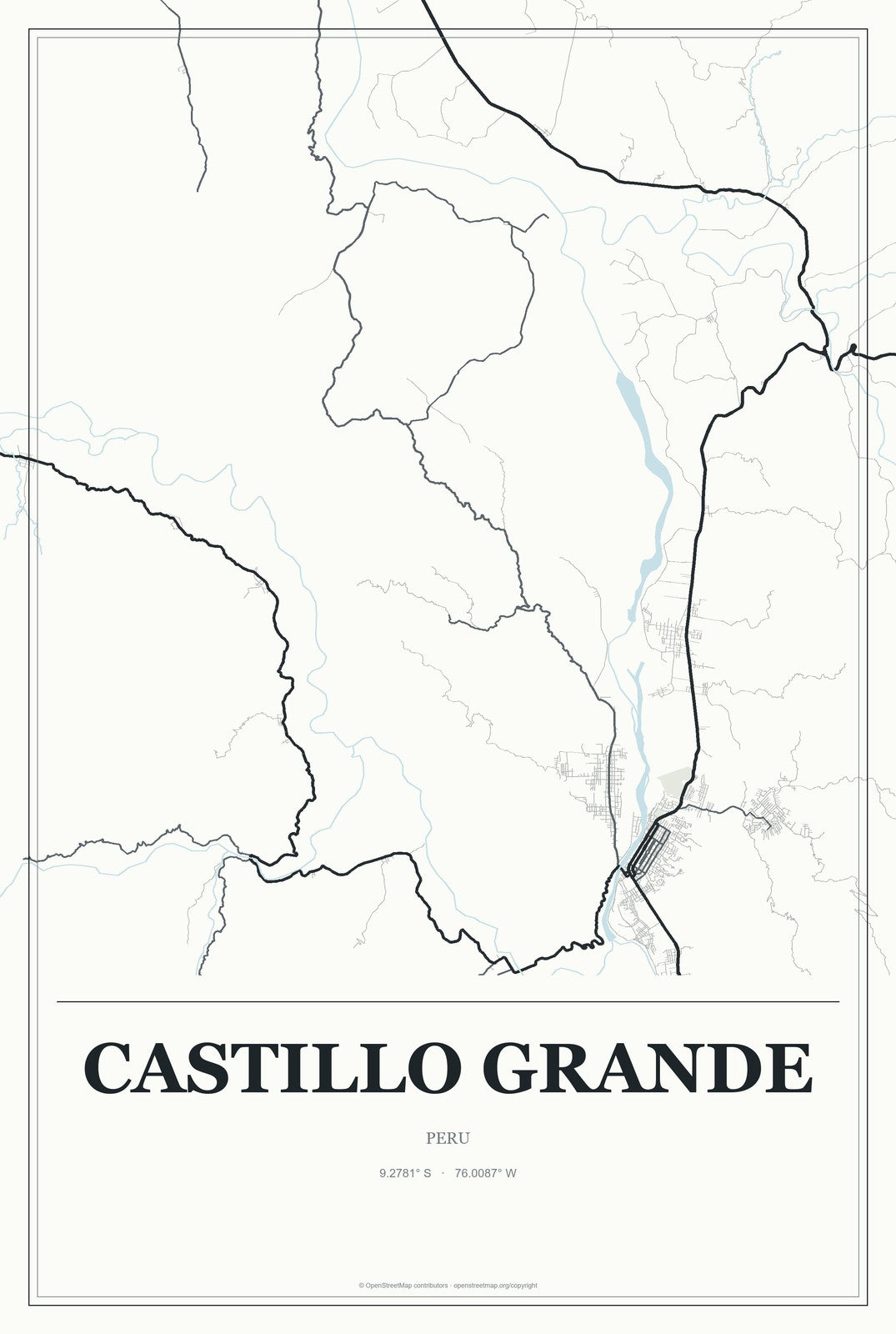 Castillo Grande, Peru City Map Aluminum Sign in Gallery Air style