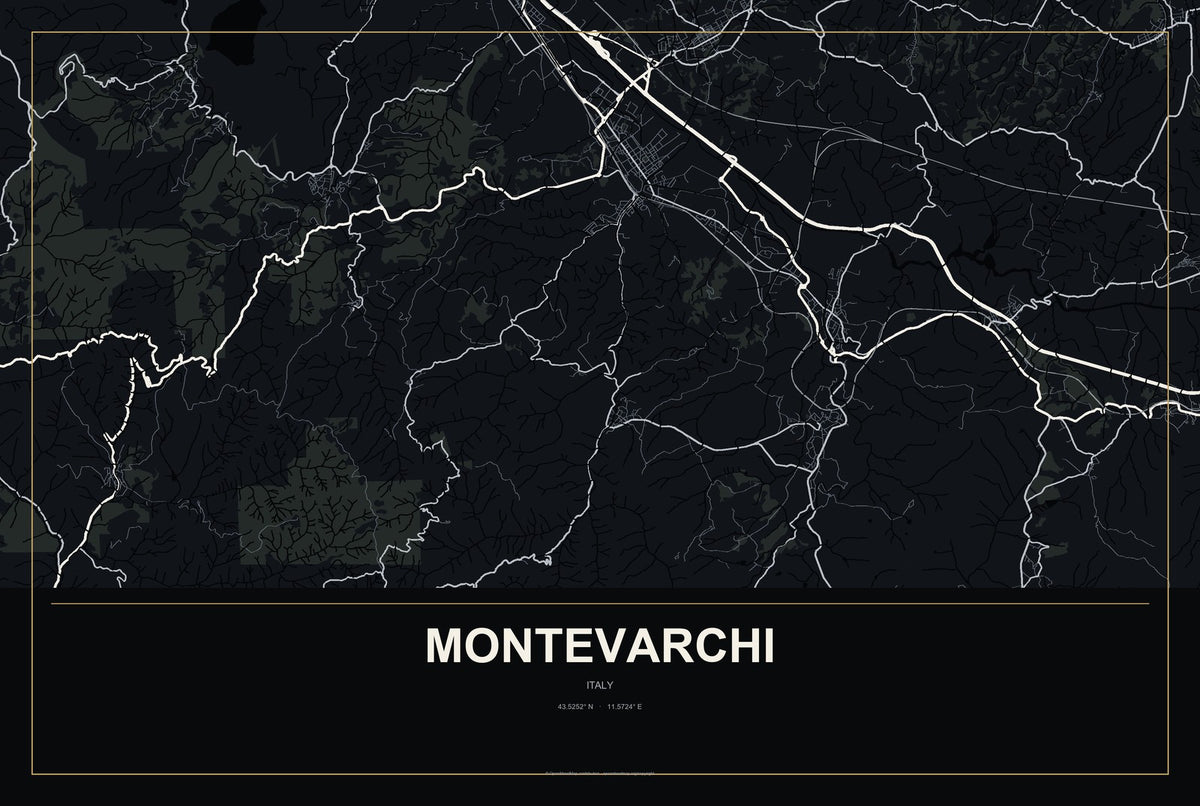 Montevarchi, Italy City Map Aluminum Sign in Metropolitan Noir style