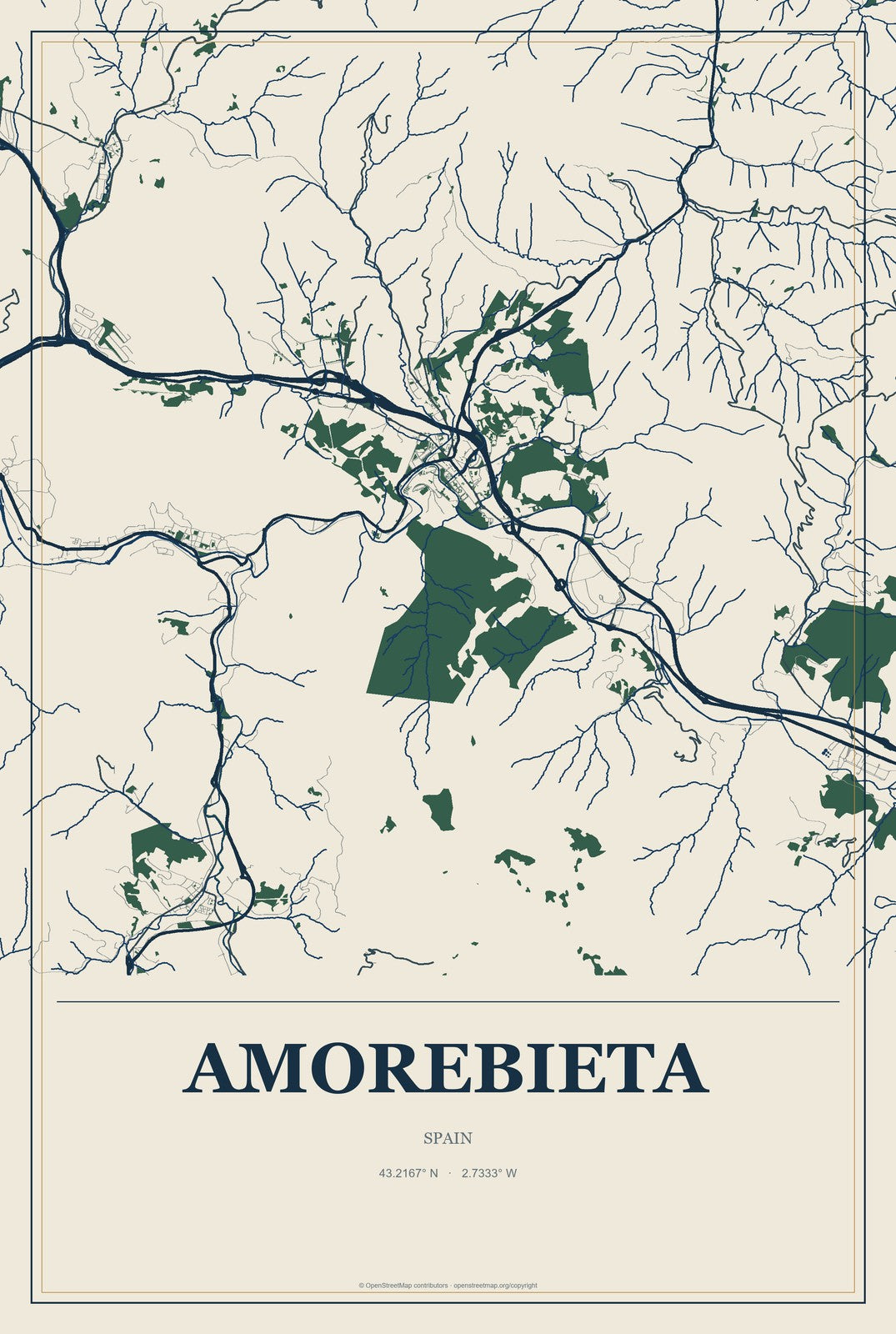 Amorebieta, Spain City Map Aluminum Sign in Coastal Cutout style