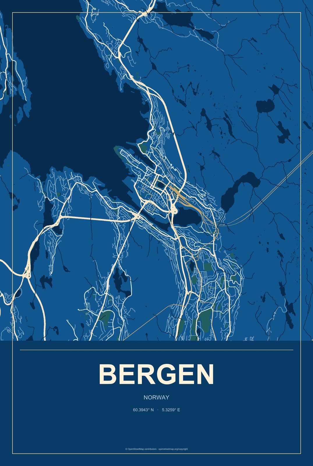 Bergen, Norway City Map Aluminum Sign in Harbor Cobalt style