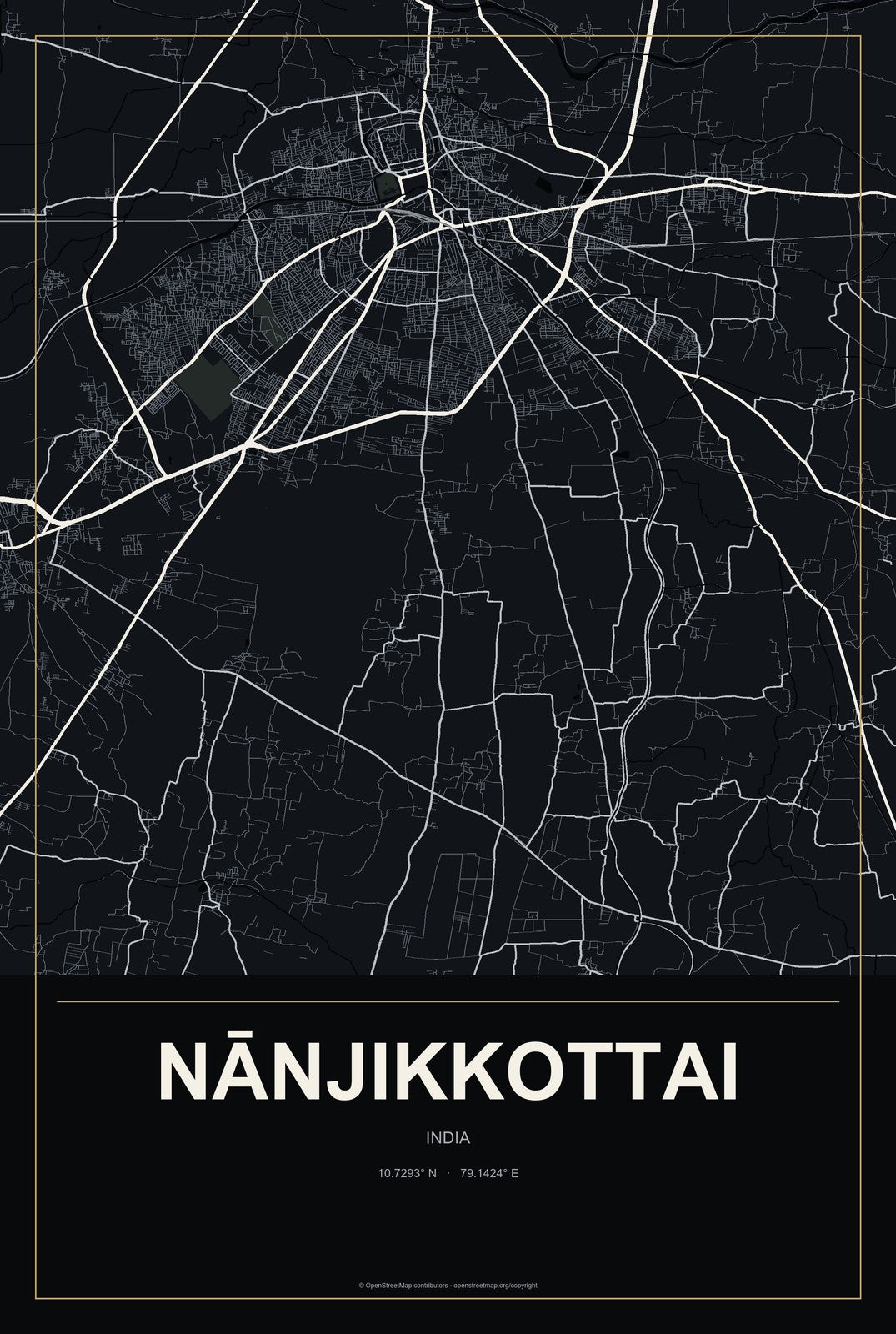 Nānjikkottai, India City Map Aluminum Sign in Metropolitan Noir style