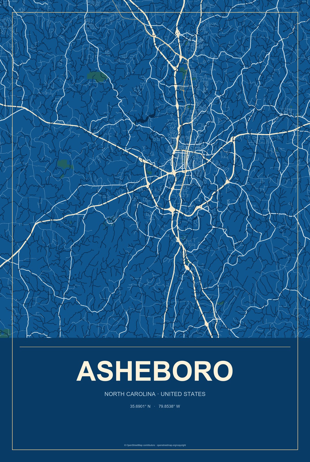 Asheboro, North Carolina City Map Aluminum Sign in Harbor Cobalt style