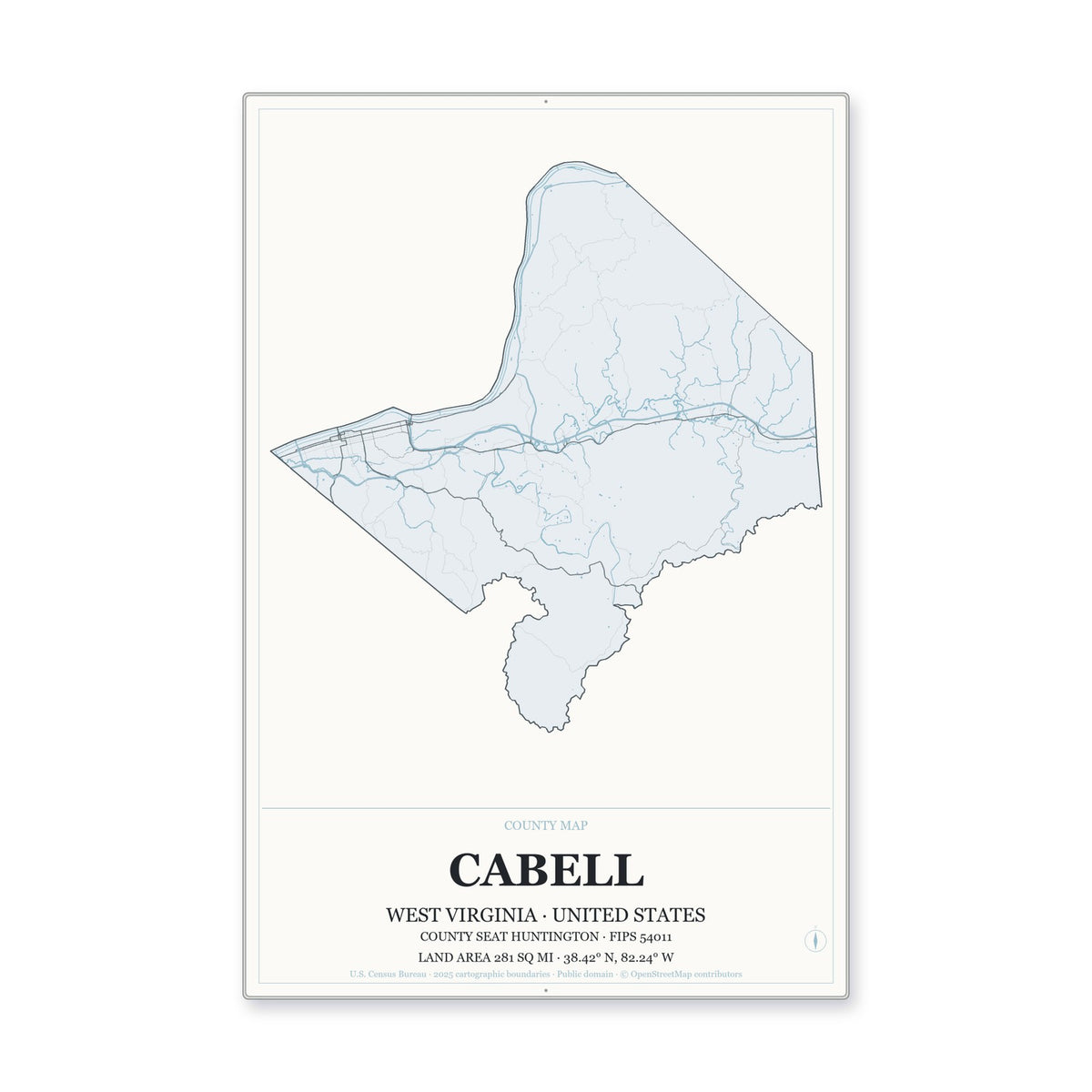 Cabell County, West Virginia Map Aluminum Sign in Gallery Air style