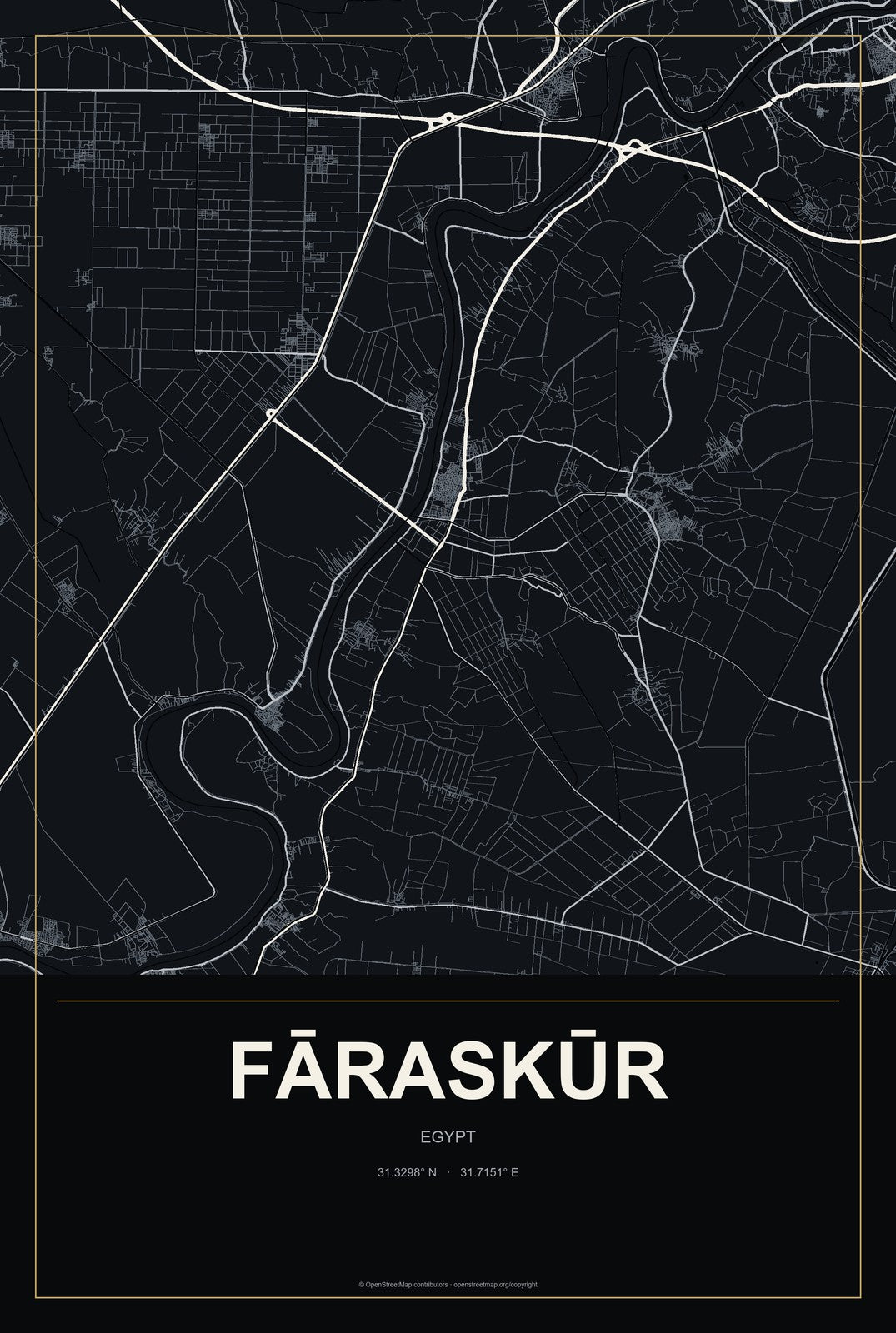 Fāraskūr, Egypt City Map Aluminum Sign in Metropolitan Noir style