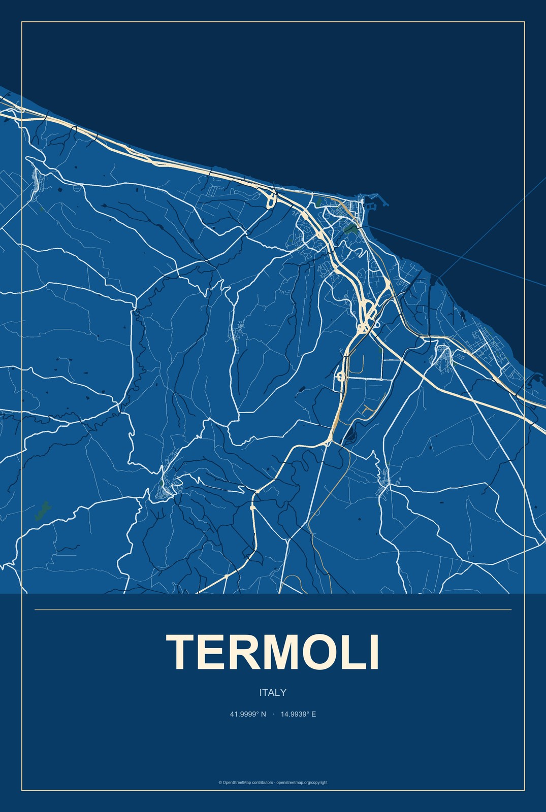 Termoli, Italy City Map Aluminum Sign in Harbor Cobalt style