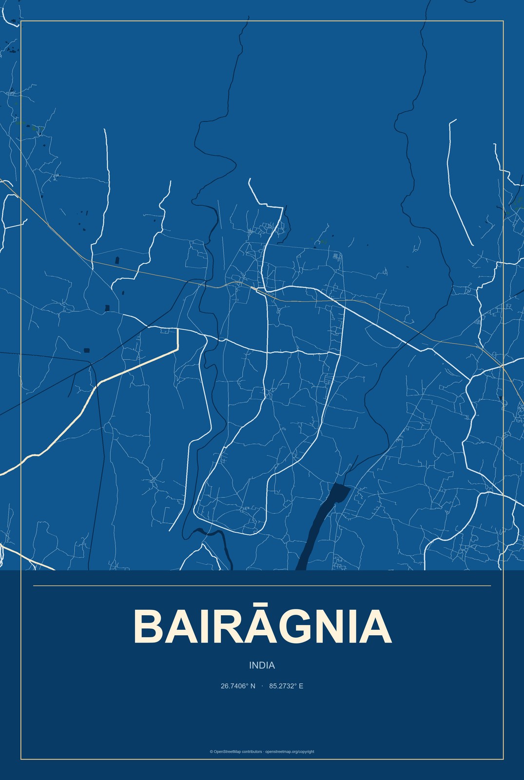Bairāgnia, India City Map Aluminum Sign in Harbor Cobalt style