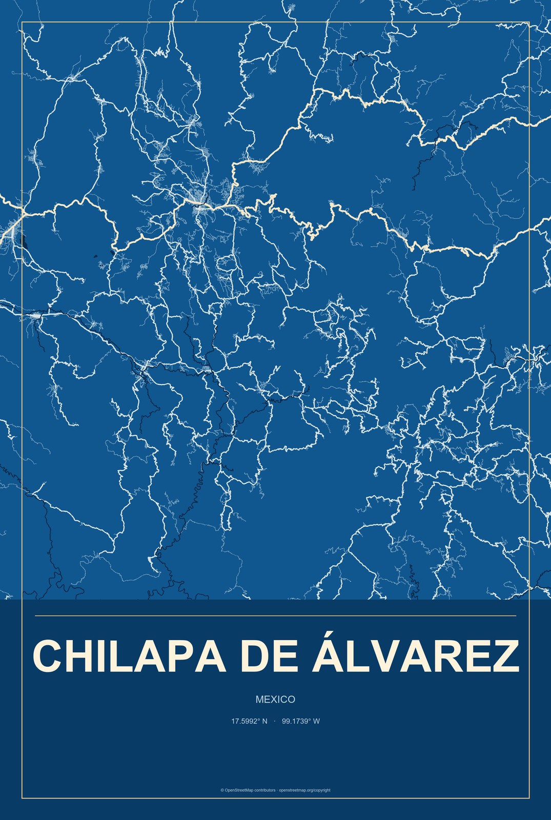Chilapa de Álvarez, Mexico City Map Aluminum Sign in Harbor Cobalt style