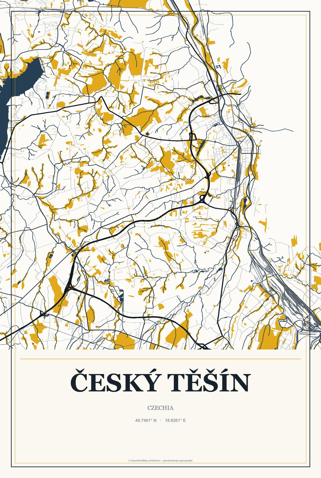 Český Těšín, Czechia City Map Aluminum Sign in Citrine Modern style