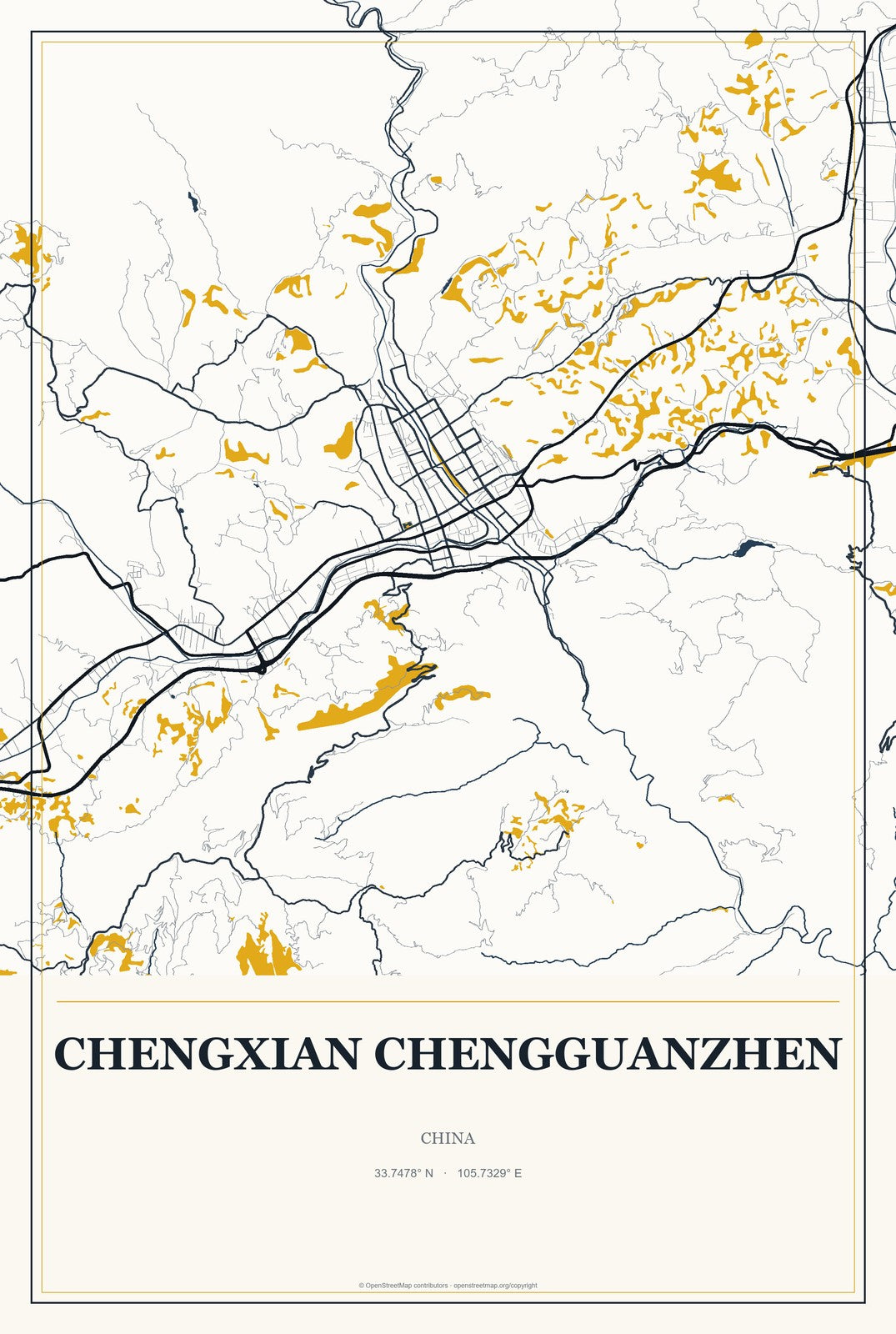 Chengxian Chengguanzhen, China City Map Aluminum Sign in Citrine Modern style
