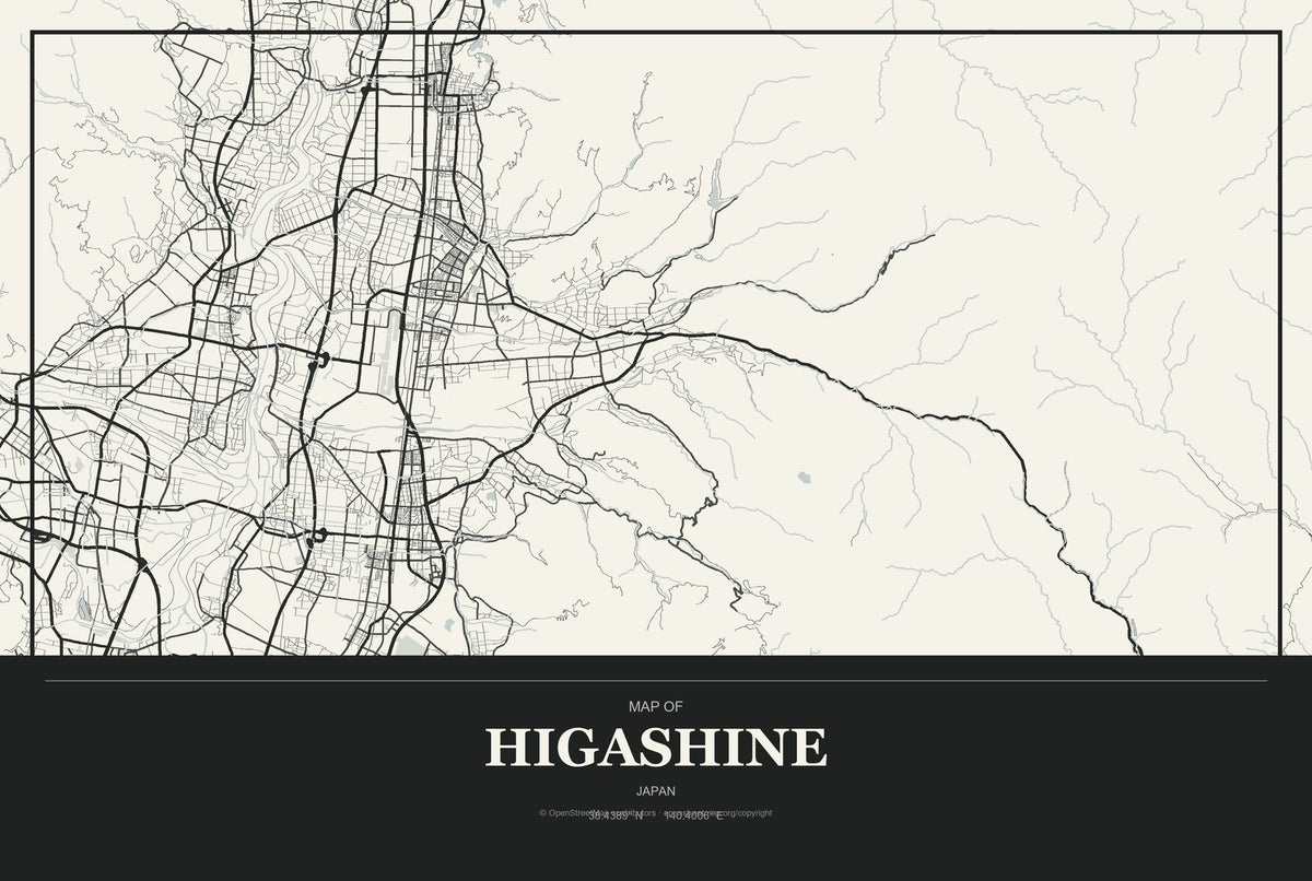 Higashine, Japan City Map Aluminum Sign in Museum Plaque style