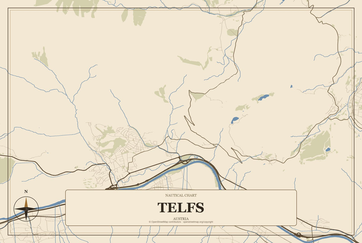 Telfs, Austria City Map Aluminum Sign in Heritage Nautical style