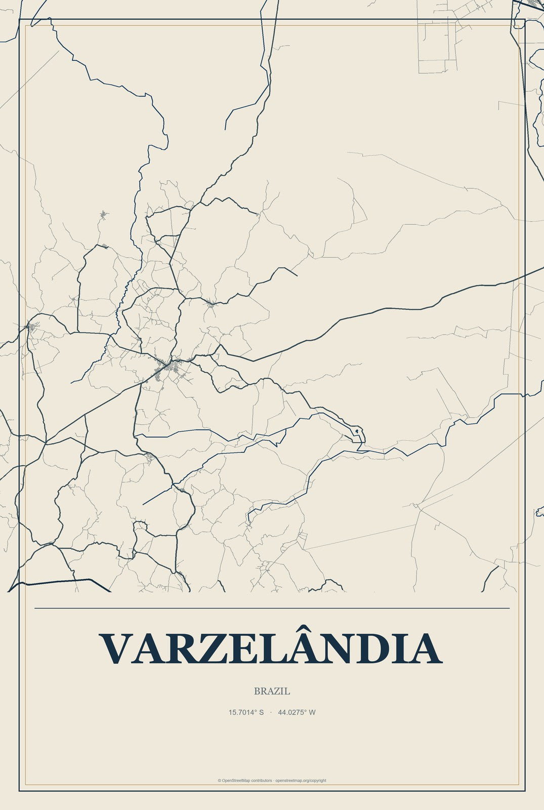 Varzelândia, Brazil City Map Aluminum Sign in Coastal Cutout style