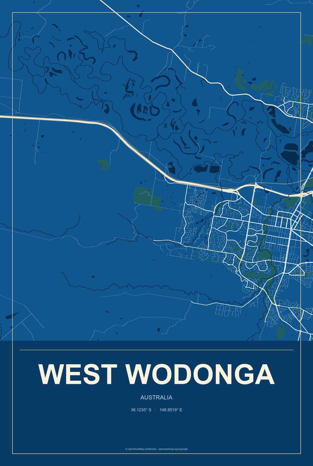 West Wodonga, Australia City Map Aluminum Sign in Harbor Cobalt style