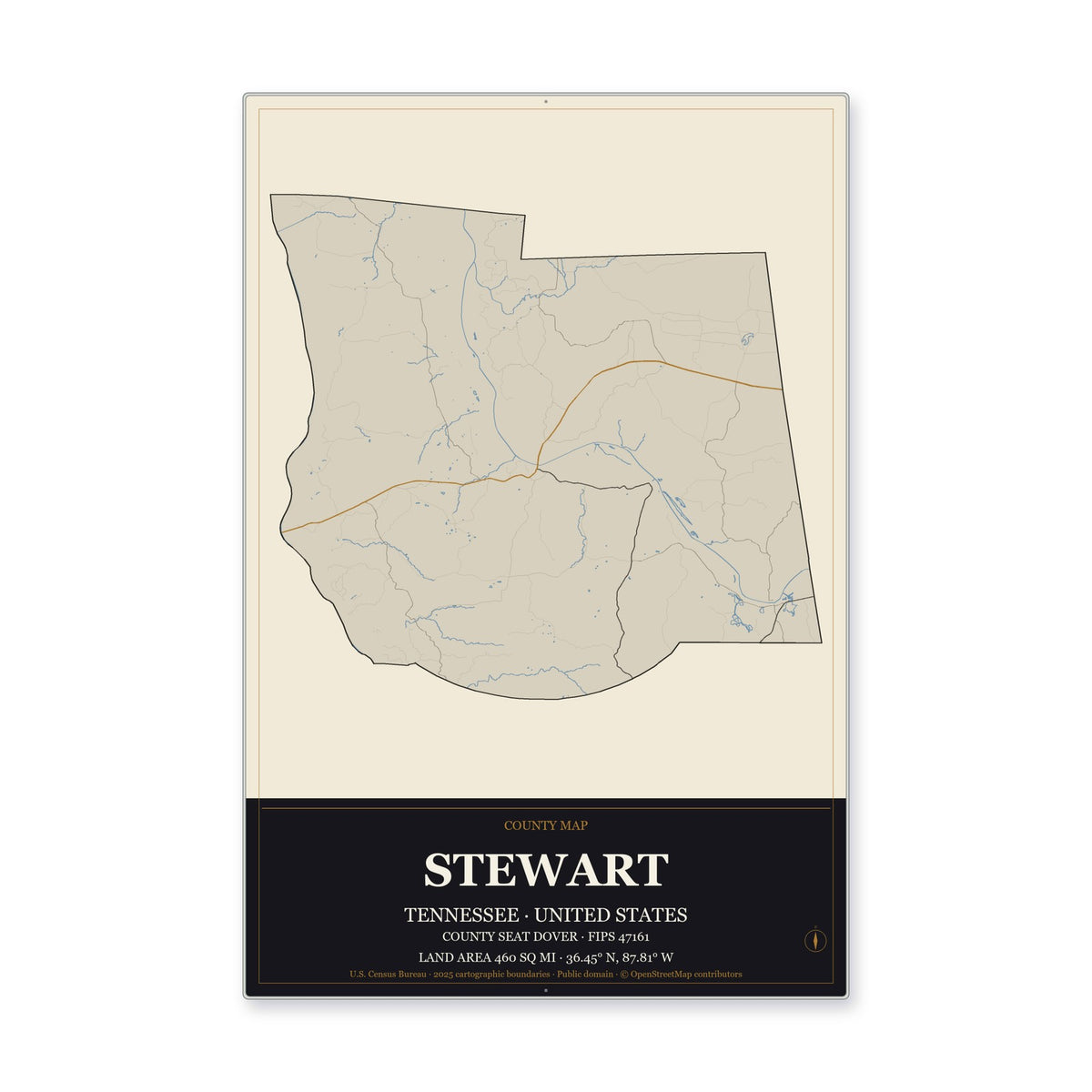 Stewart County, Tennessee Map Aluminum Sign in Museum Plaque style
