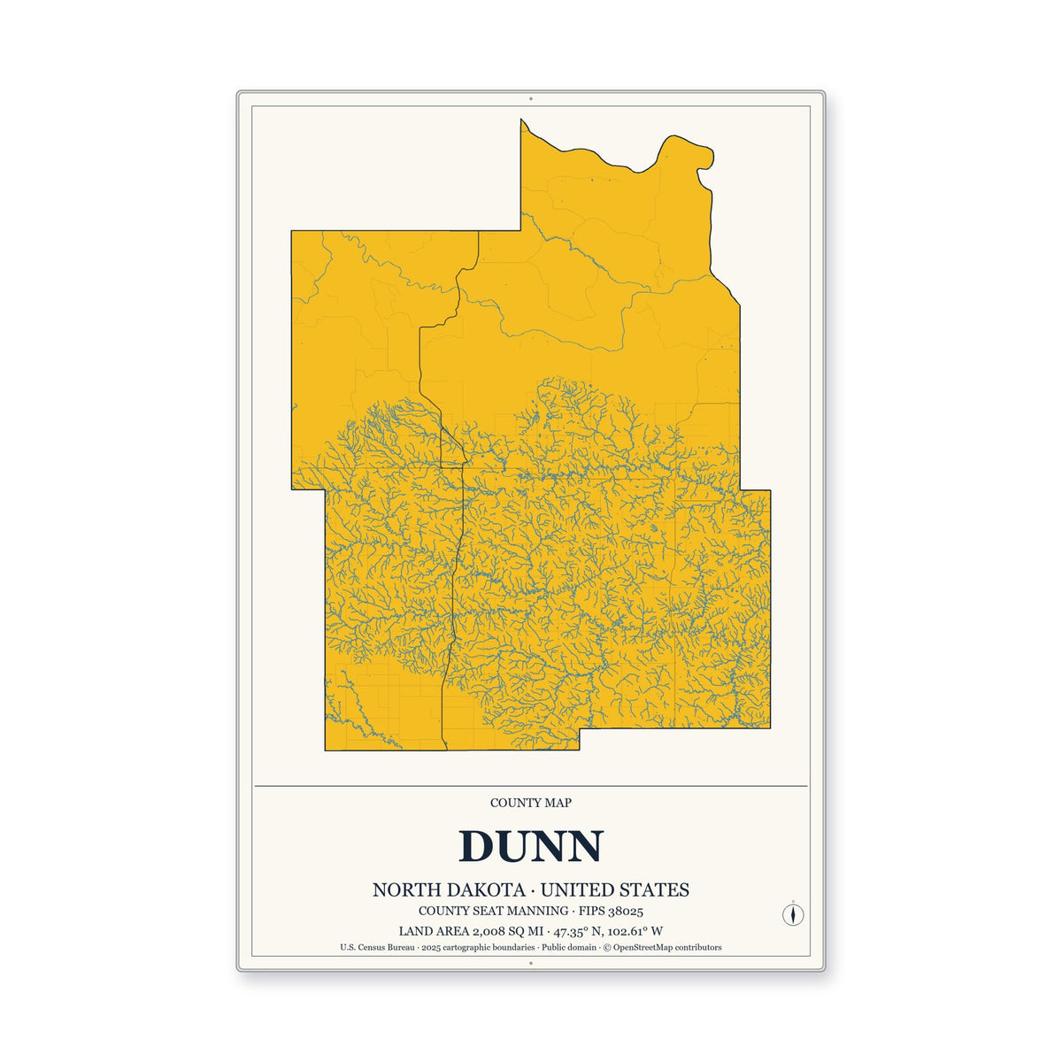 Dunn County, North Dakota Map Aluminum Sign in Citrine Modern style
