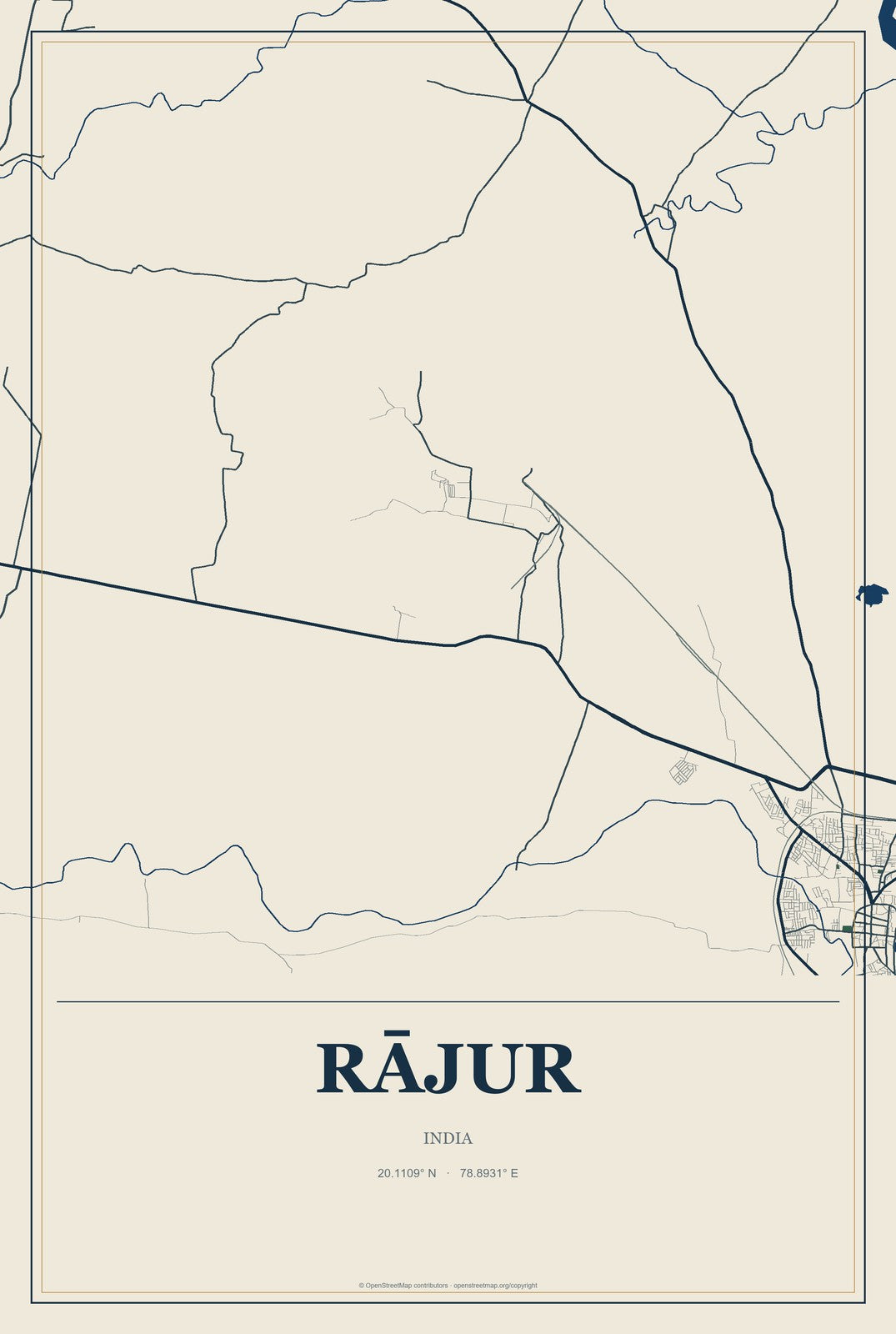 Rājur, India City Map Aluminum Sign in Coastal Cutout style