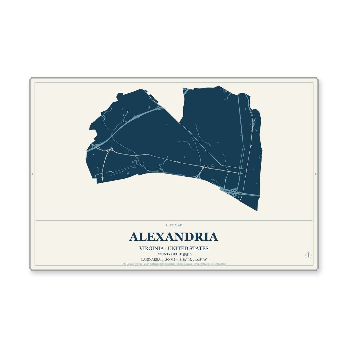 Alexandria city, Virginia Map Aluminum Sign in Coastal Cutout style