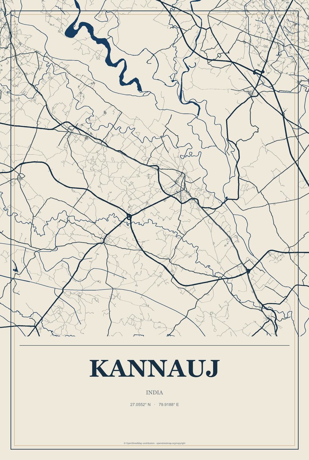 Kannauj, India City Map Aluminum Sign in Coastal Cutout style