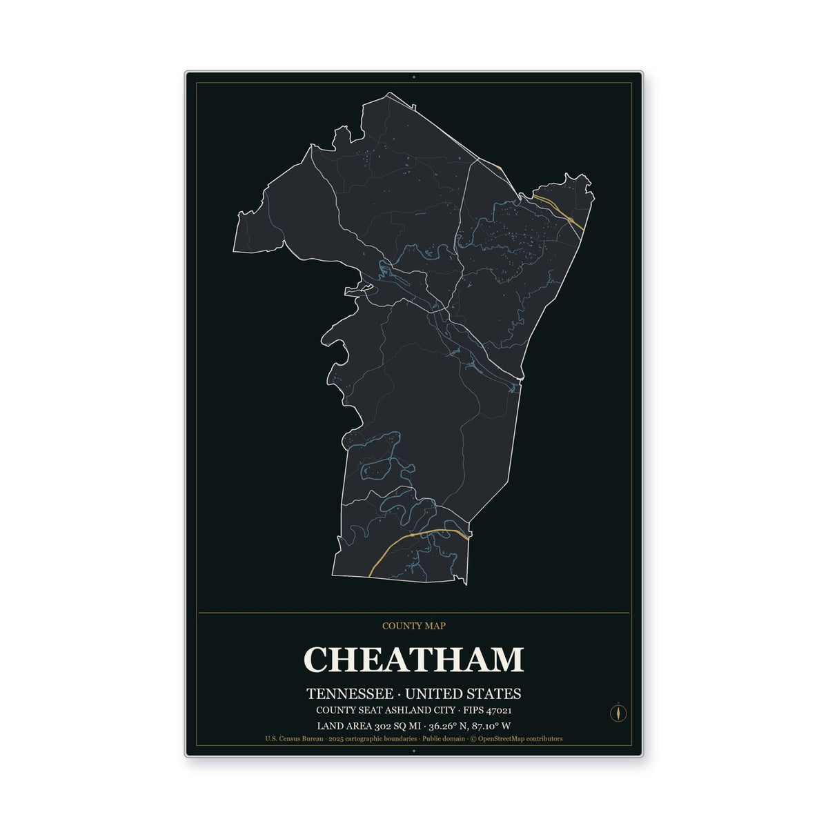 Cheatham County, Tennessee Map Aluminum Sign in Metropolitan Noir style