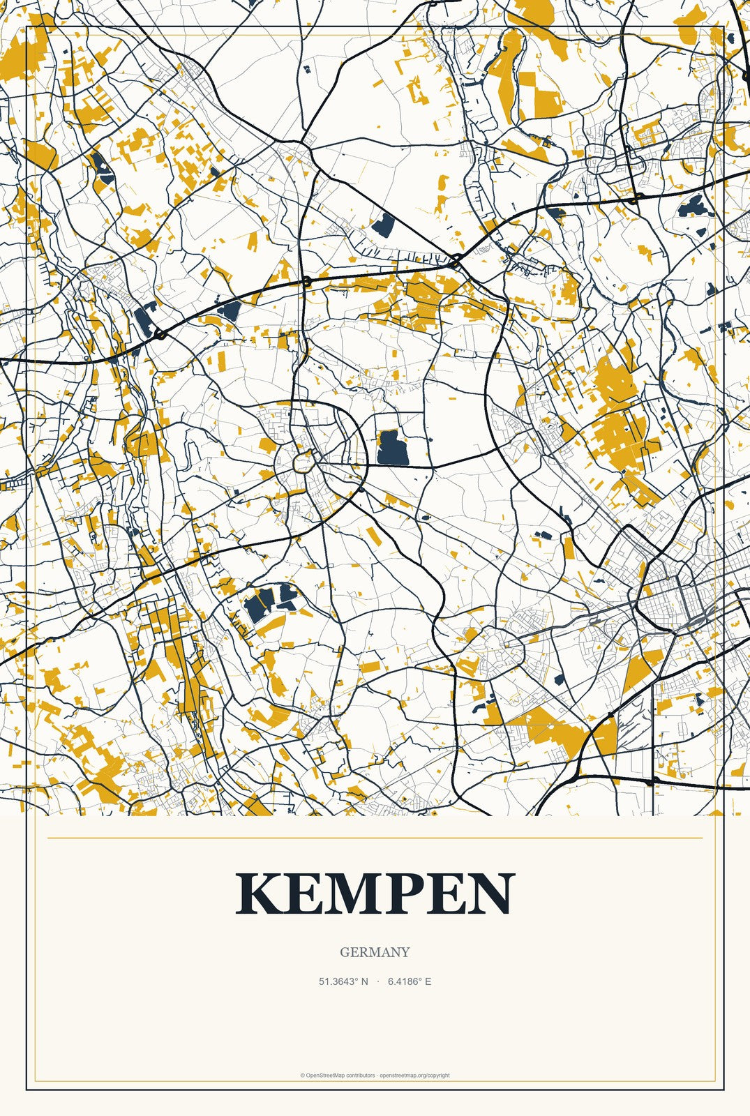 Kempen, Germany City Map Aluminum Sign in Citrine Modern style