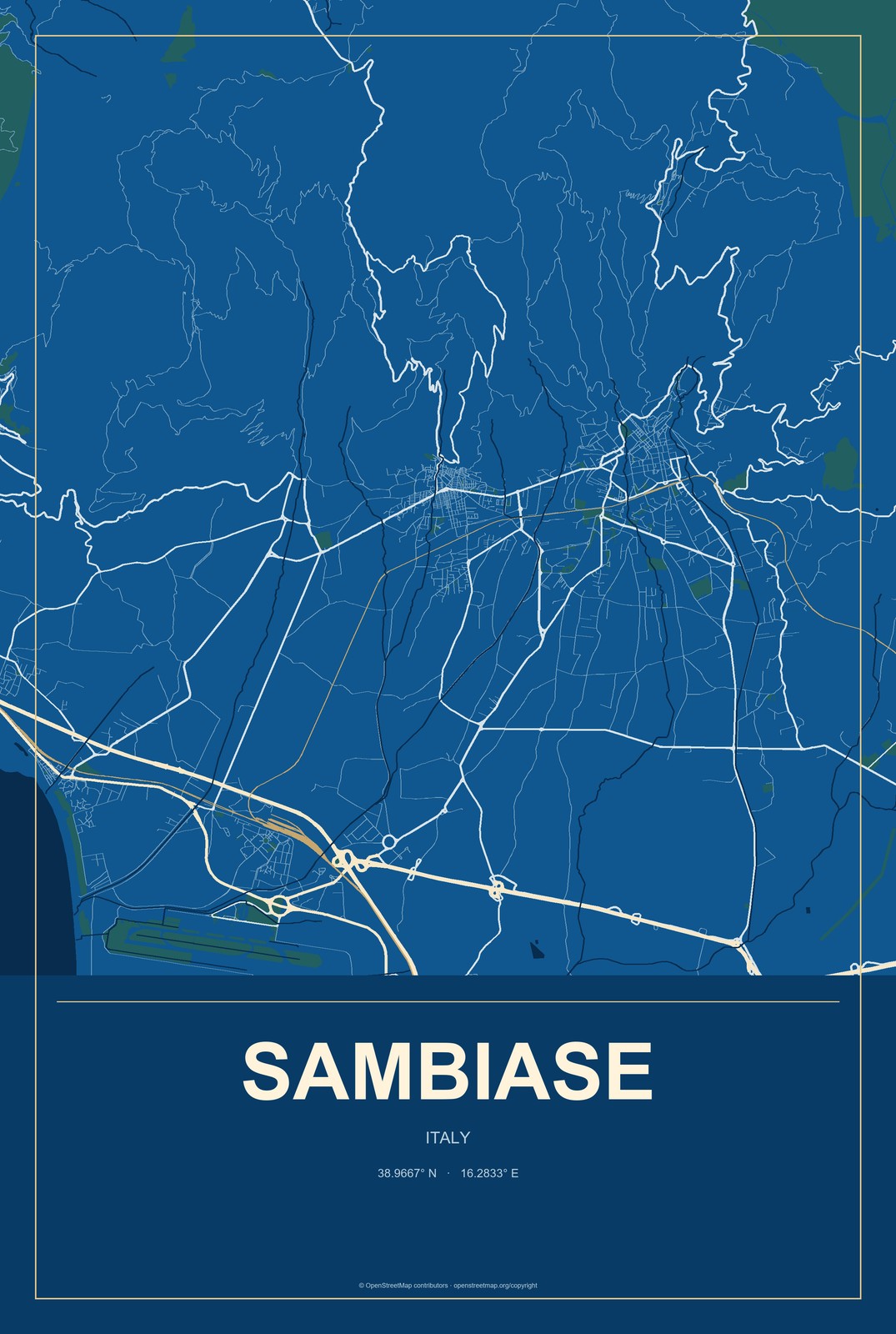 Sambiase, Italy City Map Aluminum Sign in Harbor Cobalt style