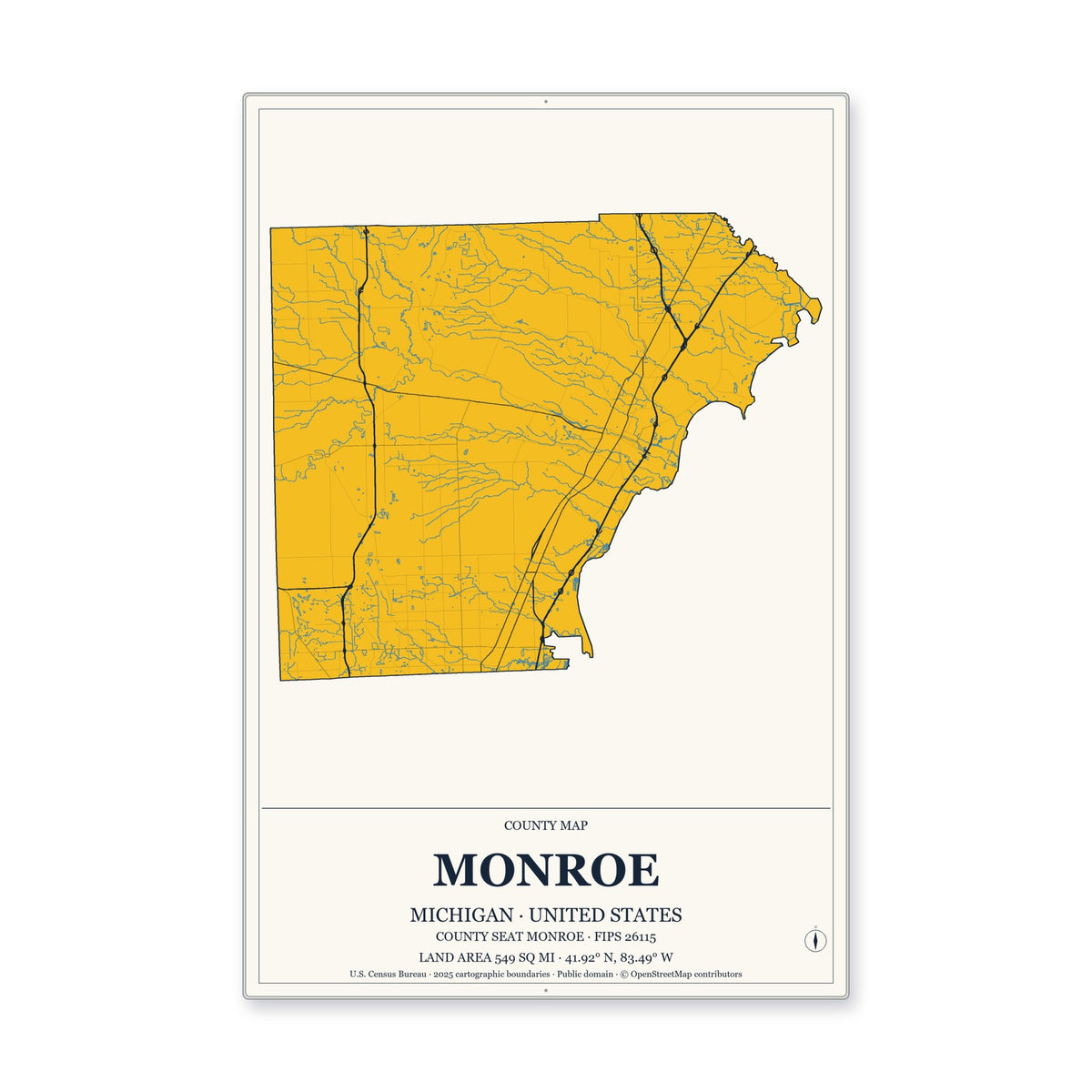 Monroe County, Michigan Map Aluminum Sign in Citrine Modern style