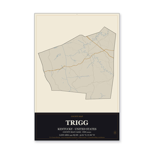 Trigg County, Kentucky Map Aluminum Sign in Museum Plaque style
