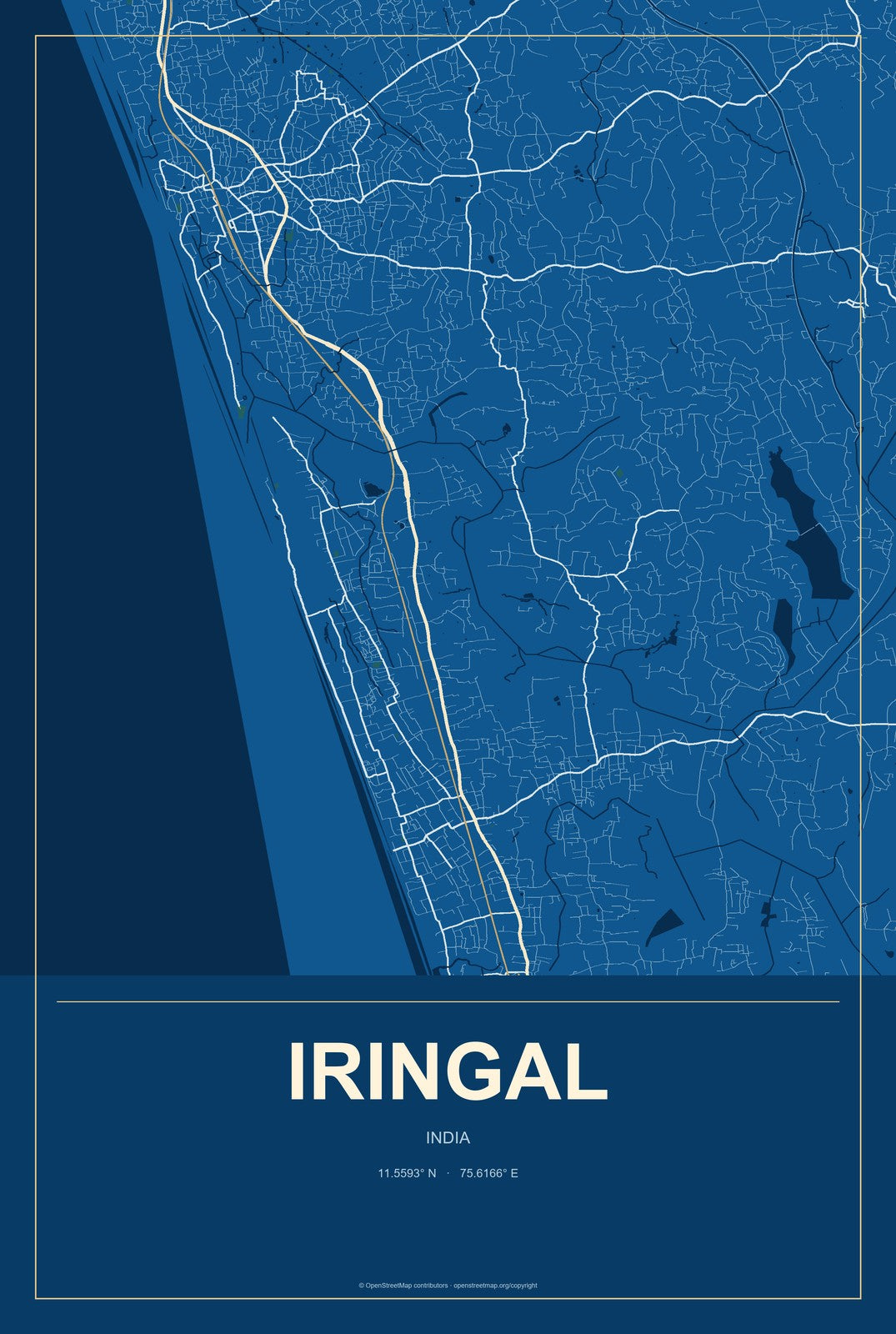 Iringal, India City Map Aluminum Sign in Harbor Cobalt style