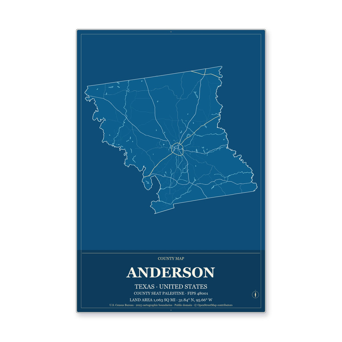 Anderson County, Texas Map Aluminum Sign in Harbor Cobalt style