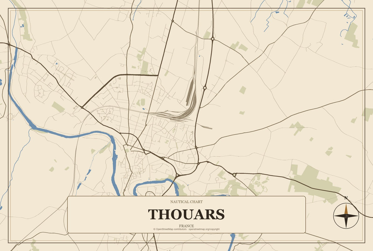Thouars, France City Map Aluminum Sign in Heritage Nautical style