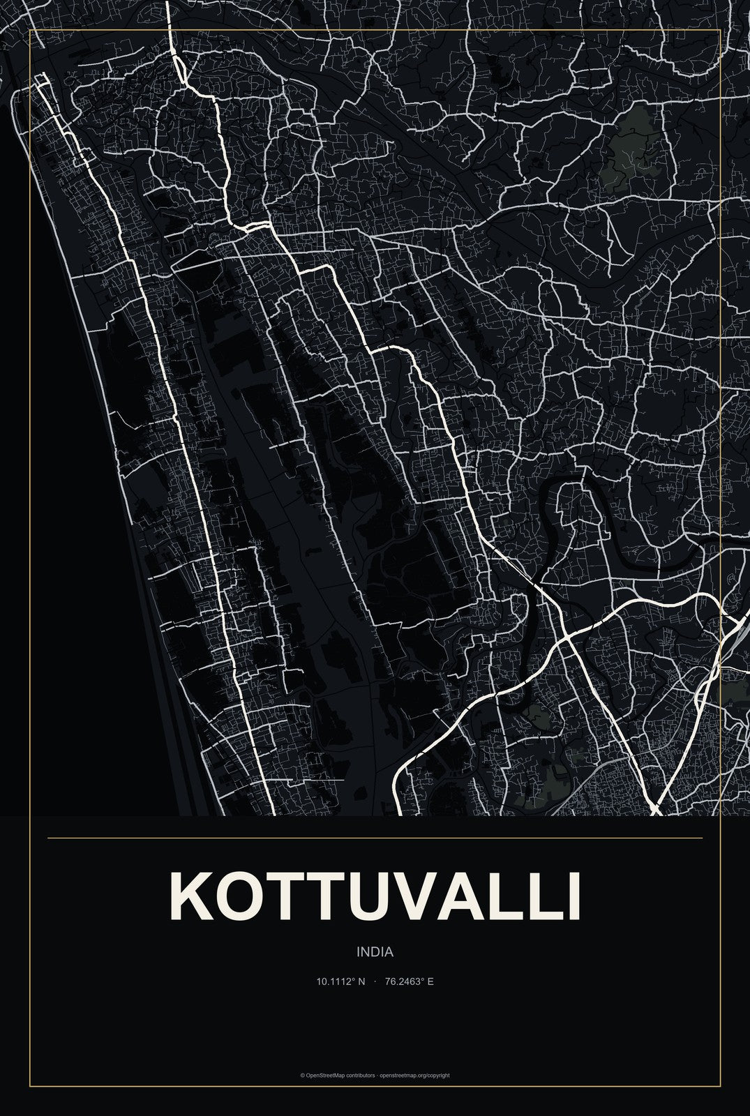 Kottuvalli, India City Map Aluminum Sign in Metropolitan Noir style